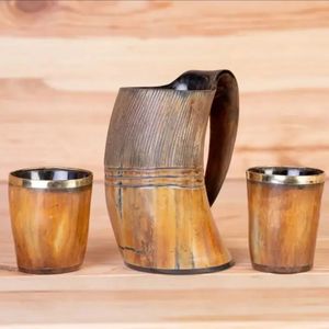 Tasse en corne d'Odin Mjolnir faite à la main 600ml poignée de tasse Viking écologique verre animal religieux mythologie du moyen âge - Product Image 2