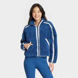 Chaqueta corta con cierre de cremallera y bolsillo con solapa a prueba de viento para mujer, chaqueta polar de pila alta con ribete para mujer, 2017 - Product Image 5