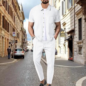 2025 <b>summer</b> new men's Waffle <b>cardigan</b> solid color short-sleeved shirt trousers two men's suit - Product Image 6