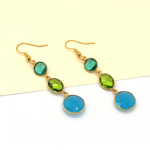 Handmade Flower Bohemian Multi Gemstone Dangle Hook <b>Earrings</b> | Apatite <b>Peridot</b> Blue Chalcedony | 18K Gold Plated Wedding - Product Image 5
