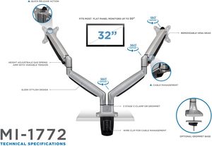 C-Clamp and Grommet BasesDual Monitor Arms Mount Soporte de escritorio Dos brazos ajustables en altura del resorte de gas articulado - Product Image 6