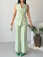 Ensemble tailleur pantalon long à jambes larges avec gilet blazer sans manches en toile de laine/nylon vert menthe vintage et ceinture appliquée pour femme