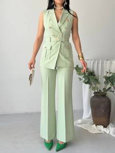 Women's Mint Green Sleeveless <b>Blazer</b> Vest With Belt And Wide Leg Trousers Elegant 2 Piece Suit <b>Set</b> Solid Color Satin Fabric - Product Image 4