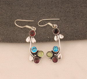 Boucles d'oreilles en quatre pierres multicolores pour femmes en argent sterling 925, faites à la main, pierres précieuses de taille ronde, cadeau d'anniversaire de mariage - Product Image 1