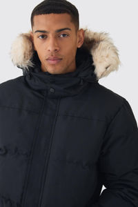 High Demanding Hooded Puffer With Removeable Faux <b>Fur</b> <b>Trim</b> In Black Windproof Warm Winter Bubble Men's Jackets Side Pockets - Product Image 5