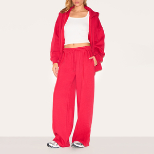 Chándal rojo de gran tamaño con detalle de costura de pierna ancha, Sudadera con capucha y cremallera, ropa informal, chándal para mujer - Product Image 1