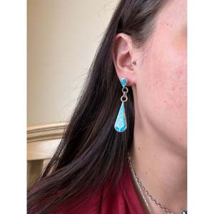 Zuni Handmade Kingman Turquoise Sterling <b>Silver</b> Inlay Drop <b>Dangle</b> Post <b>Earrings</b> - Product Image 2