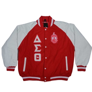 เสื้อแจ็กเก็ตเลตเทอร์แมนสำหรับผู้ชายผ้าไหมสีแดงสีขาวแขนยาวหนังสีดำปักลายสโมสรกรีกคอตั้ง - Product Image 1