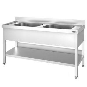 Évier commercial en acier inoxydable PREMIUM - 1400x700mm - avec double bac central - avec étagère inférieure - avec rebord - Product Image 4
