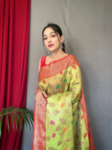 PURE <b>TISSUE</b> SILK SAREE WITH ZARI WEAVING and MEENA WORK WITH RUNNING BLOUSE and ELEGANT JAAL on the BODY. - Product Image 3