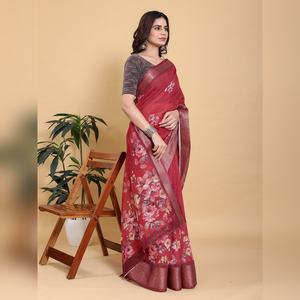 Sari Económico con Estampado Floral Color Granate con Borde Metálico de Zari GG-627, Sari Jacquard con Borde Tejido Religioso - Product Image 3