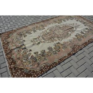Vintage Large Rug, 5.1x9.6 ft Turkish Rug, <b>Brown</b> Check <b>Wool</b> Rug - Product Image 2