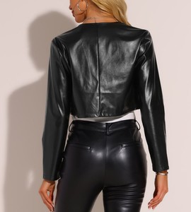 Chaqueta de cuero de otoño invierno personalizada de tendencia superior para mujer con cuello vuelto sólido mangas completas y forro de satén transpirable - Product Image 3