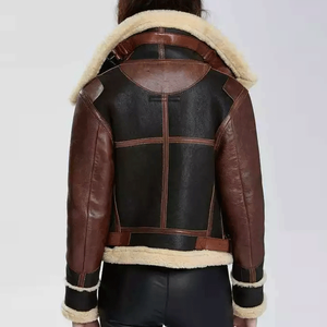 Vente chaude Haute Qualité Respirant En Cuir Véritable Femmes Zip-Up Marron/Noir Shearling Fourrure Bomber Veste pour Les Motocyclistes - Product Image 5