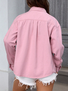แจ็กเก็ตยีนส์แขนยาวสีชมพูของผู้หญิงแฟชั่นลำลองสีพื้นตกแต่งด้วยกระดุมของหญิงสาวเครื่องเทศสีพื้น - Product Image 2