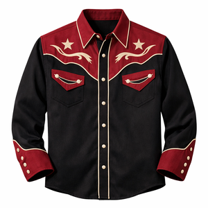 Camisa Vaquera Unisex de Manga Larga con Bordado Rodeo, Estilo Vintage Casual, Corte Ajustado, Ribete en Contraste, Personalizable OEM - Product Image 1