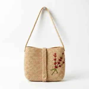 Sac à bandoulière en raphia pour femme au motif géométrique, fait main, style bohème, deux sangles, ouverture supérieure, pour l'été et usage quotidien - Product Image 2