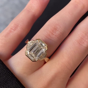 IGI Certified Women's Emerald Cut Engagement <b>Ring</b> with Lab Grown Side Stones Yellow Gold Bezel <b>Diamond</b> <b>Rings</b> - Product Image 2