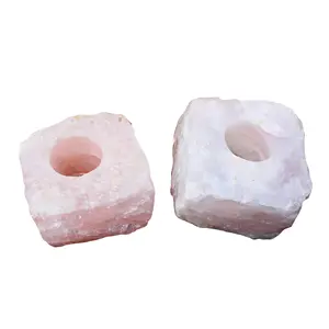 Portavelas cuadrado de cristal brasileño, cuarzo rosa/cristal transparente