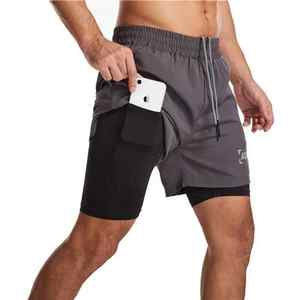 2 en 1 Stretchy Workout Running Fitness Wear Short de musculation avec poche zippée et collants Spandex Gym Shorts pour hommes - Product Image 1
