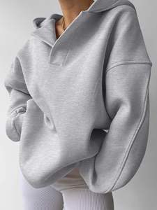 Custom <b>Fleece</b> <b>Oversized</b> V Neck Hoodies Women Streetwear High Quality Plain Drop Shoulder Pullover <b>Hoodie</b> Women Sweatshirt - Product Image 4