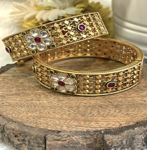 <b>Antique</b> brass <b>bangles</b> with a beautiful filigree lattice design and a central flower motif with clear stones, at wholesale prices - Product Image 1
