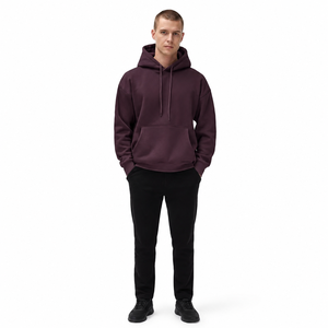 Sweat-shirt à capuche pour homme, couleur prune foncé, coupe classique, pull décontracté, couleur unie, molleton de coton respirant, poche avant, hiver - Product Image 4