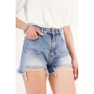 Shorts de Mezclilla para Mujer LUSTRIN, Cintura Alta, Dobladillo Curvo, Estilo Desgastado - Shorts de Mezclilla Azules de Algodón al por Mayor para Tiendas Boutique - Product Image 1