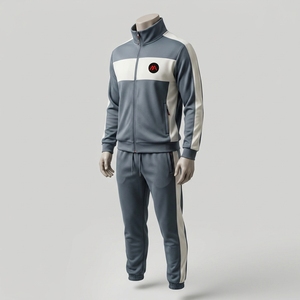 Conjunto Deportivo Gris y Crema para Hombre, Chaqueta Deportiva con Cierre Completo, Pantalones Jogger, Ropa Deportiva Colorblock para Entrenamiento, Gimnasio, Running, Fitness - Product Image 3