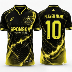 Camiseta de Fútbol Sublimada Personalizada para Hombre, Diseño de Rayos Amarillos sobre Negro, Cuello en V, Manga Corta, Transpirable, de Poliéster, para Equipos - Product Image 1