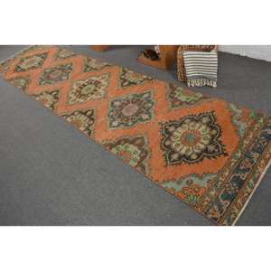 Vintage Orange Green Turkish <b>Rug</b> 3 X 12.4ft Classic <b>Large</b> Area Rectangle Wool with Latex Backing for <b>Bedroom</b> for Hallway Pattern - Product Image 4