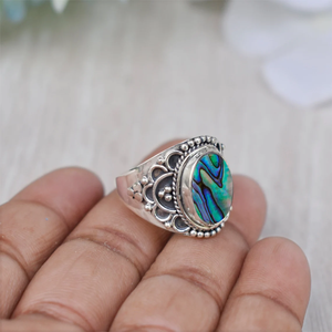 Hecho a mano Plata de Ley 925 Classic Gemstone Bisel Ajuste Anillo de bodas Promesa personalizada Regalo de joyería Corte ovalado Abalone Compromiso - Product Image 5