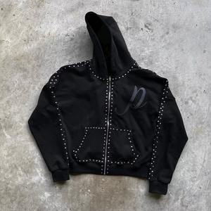 Sudadera con capucha con tachuelas de diamantes de imitación negros personalizados Hombres Streetwear Zip Up Hoodie con logotipo Algodón Venta al por mayor Tasa de fábrica Cantidad a granel Sudadera con capucha - Product Image 6
