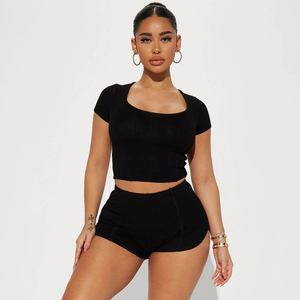 Womens 2 Mảnh Màu Đen Crop Top Quần Short Thiết Lập Mùa Đông Scoop Cổ Được Trang Bị Cho Trang Phục Cho Giản Dị Thời Trang Phố Hoặc Activewear - Product Image 3