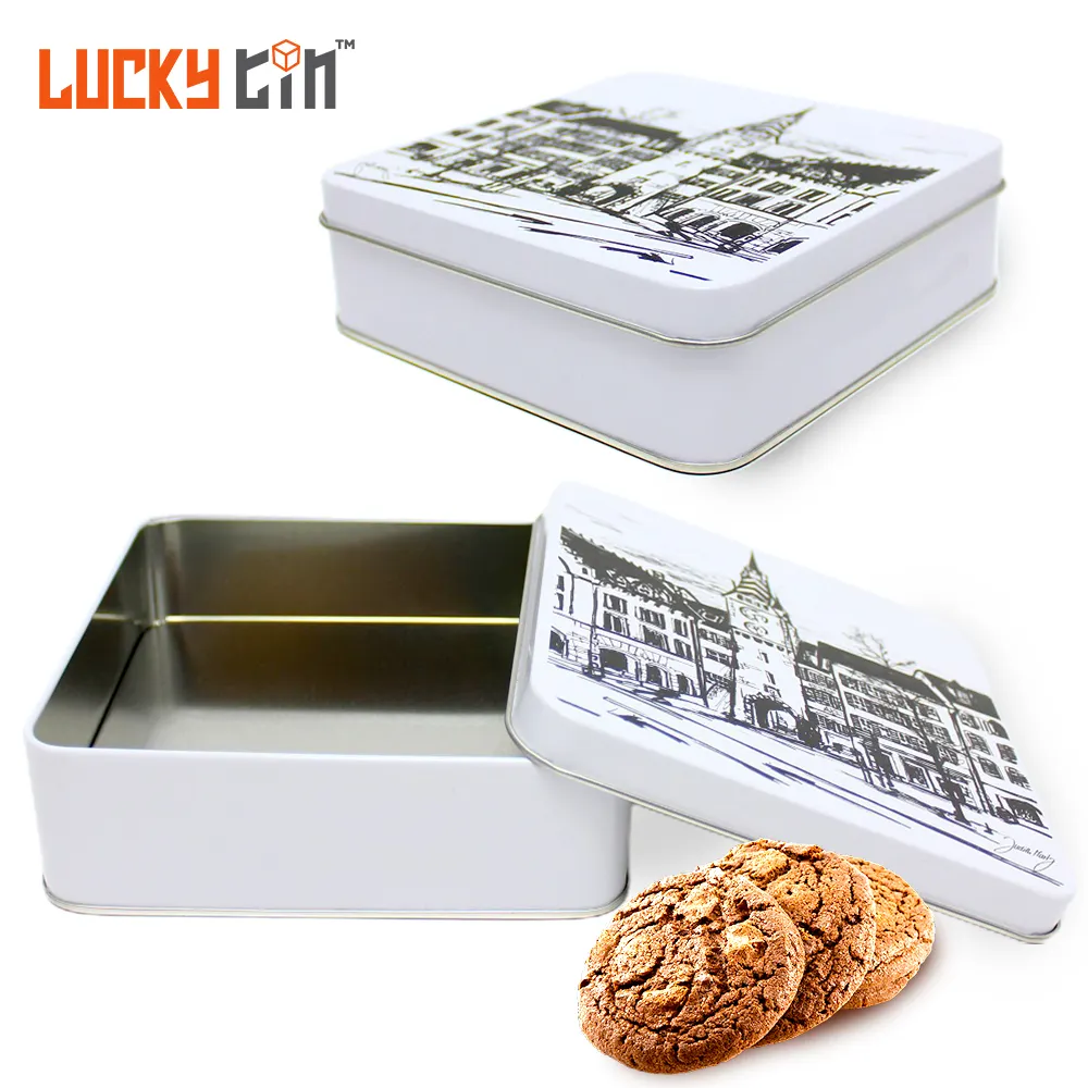 Wholesale Custom Tinplate Biscuit Packaging Square White Metal Can Easy Open Cookie Tin Box For Cookie