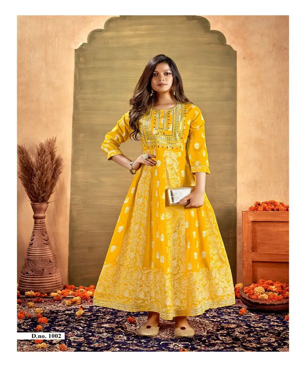 Roupa de festa com design atrativo, roupa de linho comprimento total, anarkali, trabalho pesado, cor amarela, feminina indiana