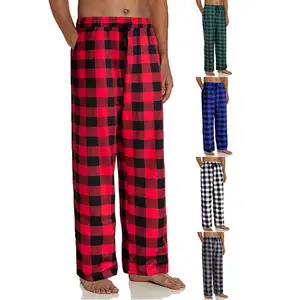 Pantalones de pijama de franela a cuadros para hombre, ropa de dormir con estampado de logotipo personalizado, con cordón, para salón de franela