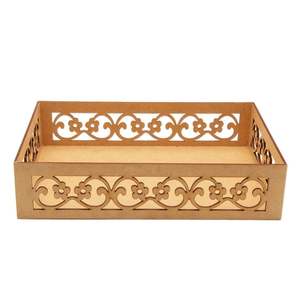 Plateau de service en bois de forme rectangulaire pour décoration de table d'hôtel à la maison et plateau d'utilisation de service avec poignée dorée en métal - Product Image 3