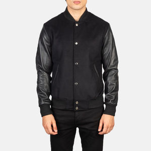 Veste en cuir Varsity pour homme de style High Street en coton noir 100% avec doublure en polyester peau de mouton et bouton pression pour le travail - Product Image 1