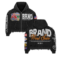 Sweat à capuche OEM avec broderie personnalisée pour l'hiver avec strass en détresse, fermeture éclair complète, lavage à l'acide, sweats à capuche vintage 2025