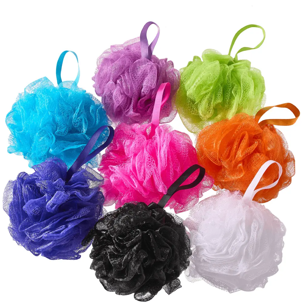 Un sac de 8 loofahs de douche multicolores super doux, grande éponge de bain, pouf en maille, bouffée de douche, boule de bain exfoliante