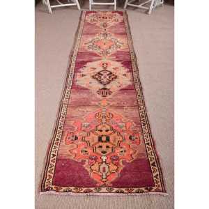Turkish Vintage Herki Rug 2.8x11.9 ft (84x363 cm), <b>Red</b> Patchwork <b>Wool</b> Rug - Product Image 1