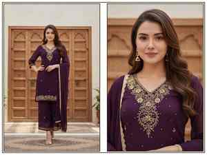 Kurti en Georgette de la meilleure qualité avec ensemble palazzo pour les fêtes et les occasions, tenue de soirée de mariage pour femmes - Product Image 3