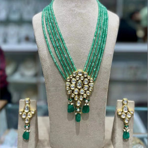 Vintage Kundan Brass Jewelry <b>Set</b> with Beaded <b>Necklace</b> & <b>Earrings</b> for Party - Product Image 3
