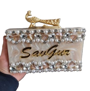 Gorgeous Beige Tone Finished Resin Clutch for Women Embellished with Diamond and Flower Decoration Antique Stylish Women's Purse - Product Image 1