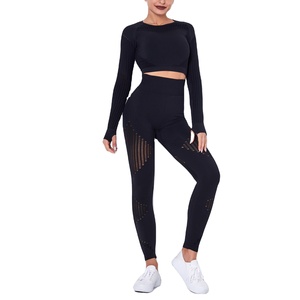 Conjunto de ropa activa de gimnasio para mujer de alta calidad, ropa de entrenamiento elástica para entrenamiento deportivo, Fitness sin costuras, Color negro, manga larga - Product Image 1