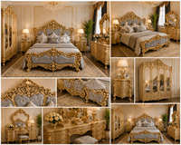 Lit royal classique très vendu, finition or antique, design opulent inspiré du rococo, bleu roi capitonné en bois de teck
