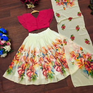 ชุดแฟชั่นสำหรับสาวๆ ลายดอกชบาสีน้ำแบบดิจิทัล กระโปรงพลีท ผ้าออร์แกนซ่า แต่งระบาย เสื้อครอปท็อป สไตล์อินเดีย - Product Image 2