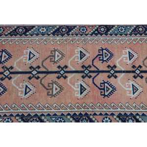 พรมวิ่งสไตล์ตุรกี ขนาด 2.3x8.7 ฟุต พรมขนสัตว์สีน้ำเงินวินเทจลายปะติด - Product Image 5