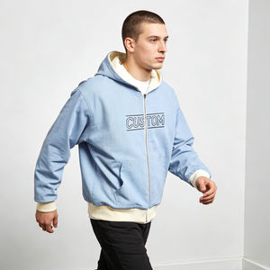 Sweat à capuche décontracté surdimensionné pour homme, tendance, bleu clair, crème, avec blocs de couleur, texture denim, coton, fermeture éclair, logo brodé personnalisé - Product Image 5